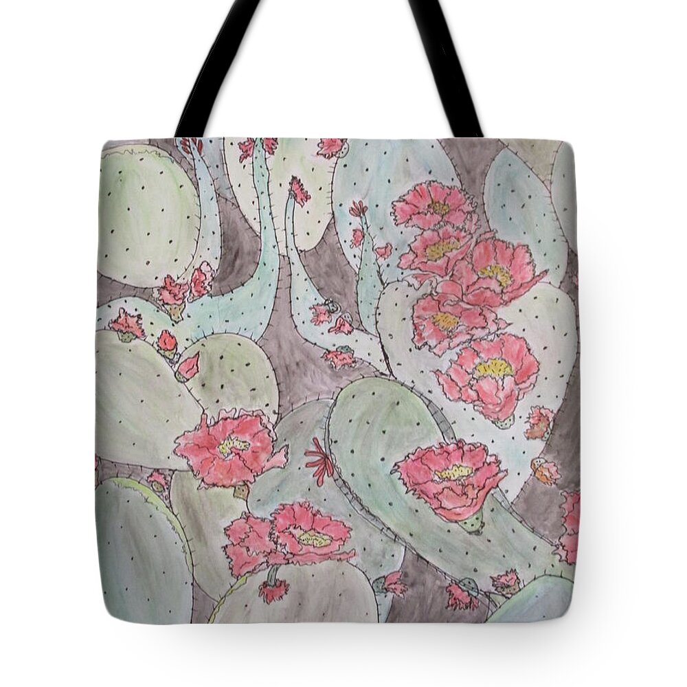 Abstract Cactus Blooming Desert Joy Dark Rose Lt. Rose Vermillion Carmine Pink Yellow All Greens Black Pen And Ink Tote Bag featuring the mixed media Cactus Voices #2 by Sharyn Winters