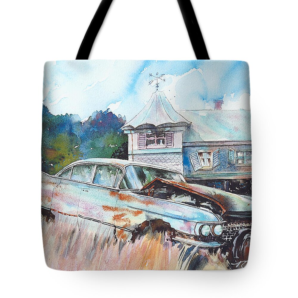 Cadillac Tote Bag featuring the painting Caddy Sliding Down the Slope by Ron Morrison