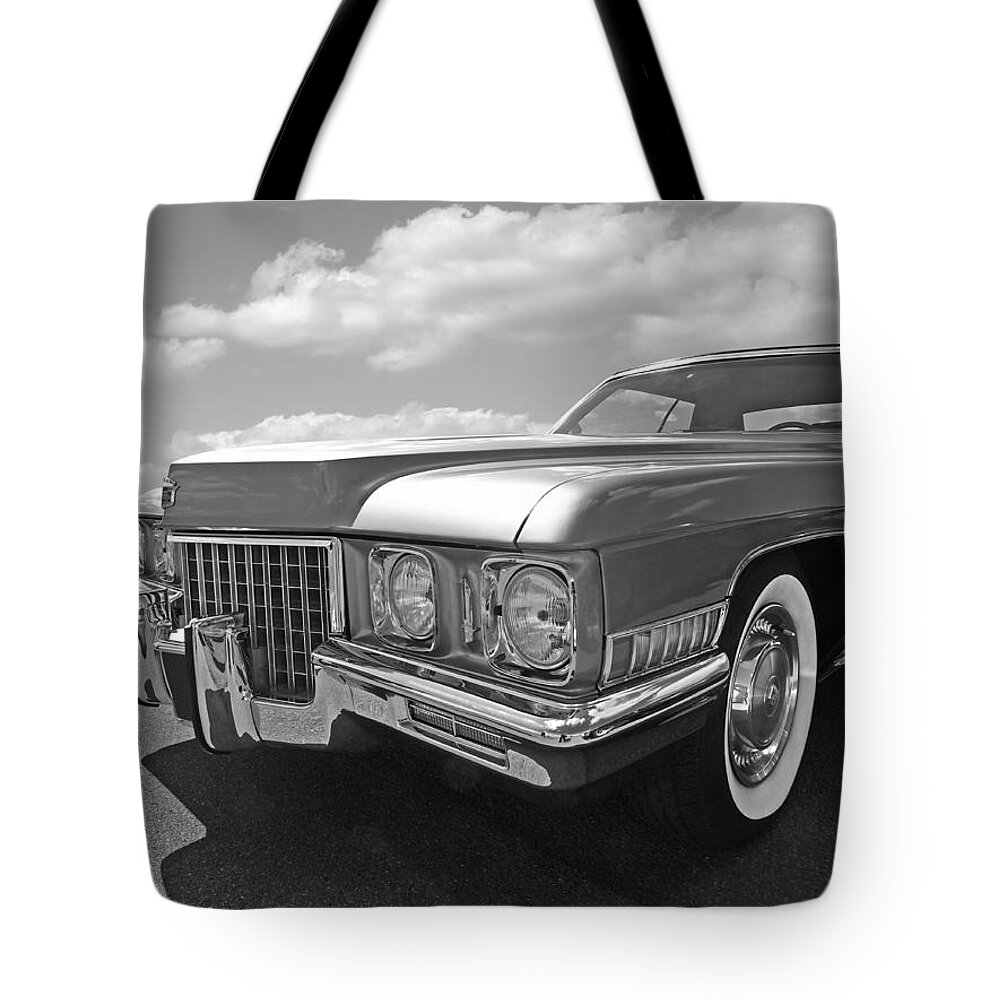 Cadillac Tote Bag featuring the photograph Cadillac Coupe de Ville 1971 in Black and White by Gill Billington