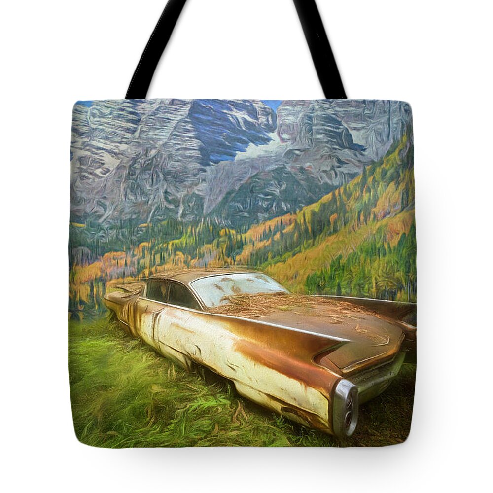 1960 Tote Bag featuring the photograph Cadillac in the Country Mountains by Debra and Dave Vanderlaan