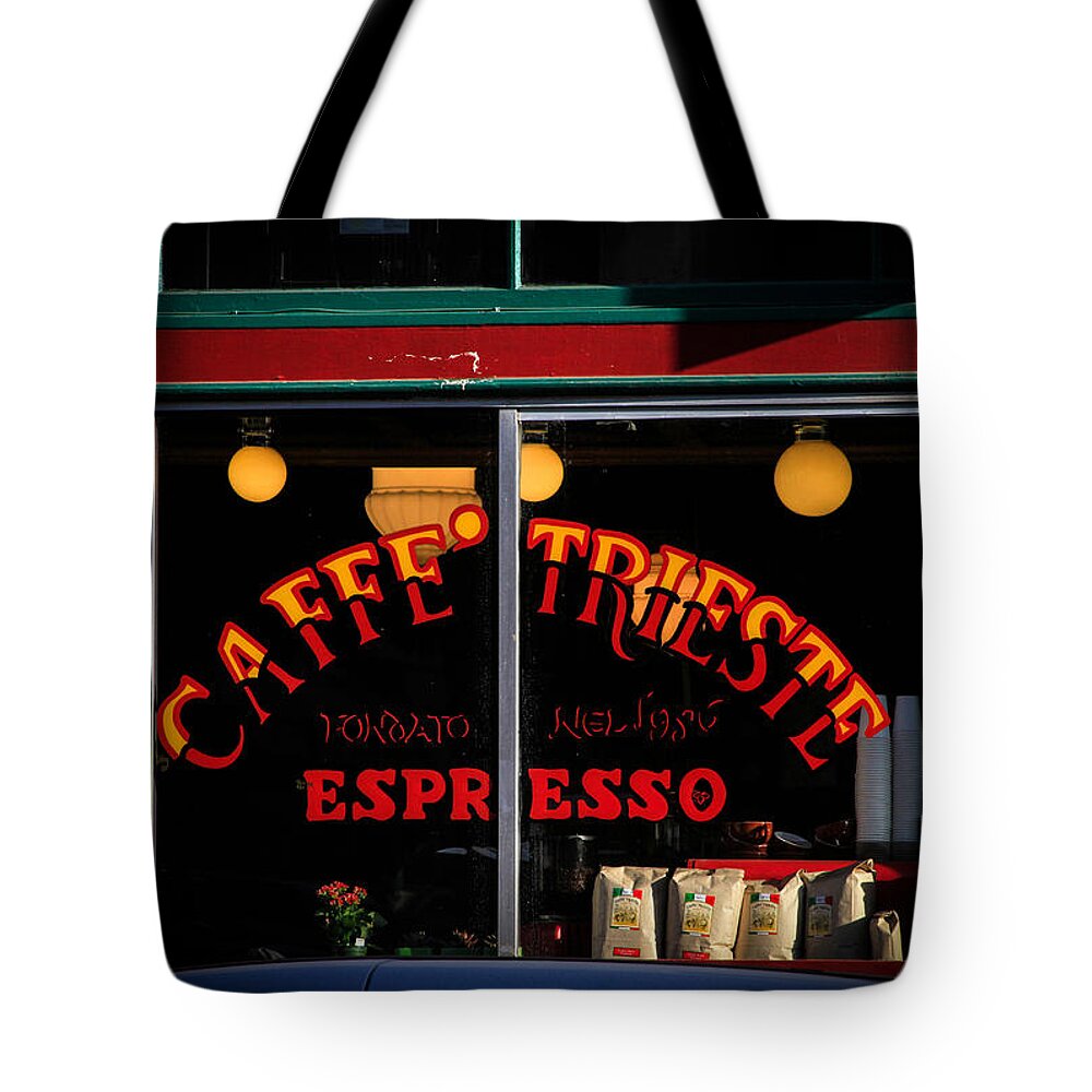 Bonnie Follett Tote Bag featuring the photograph Caffe Trieste Espresso WIndow by Bonnie Follett