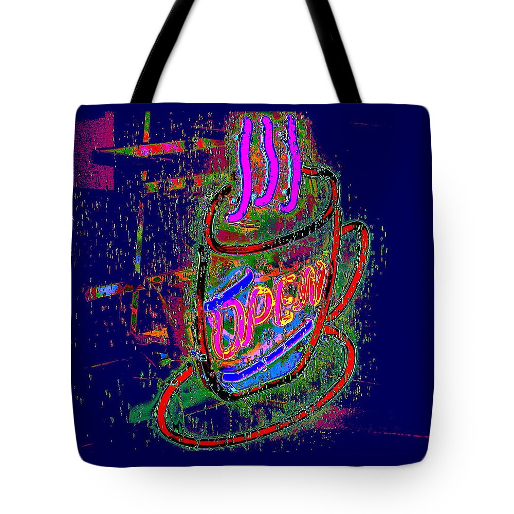 Neon Tote Bag featuring the photograph Caffeine Light Is Lit by Larry Beat