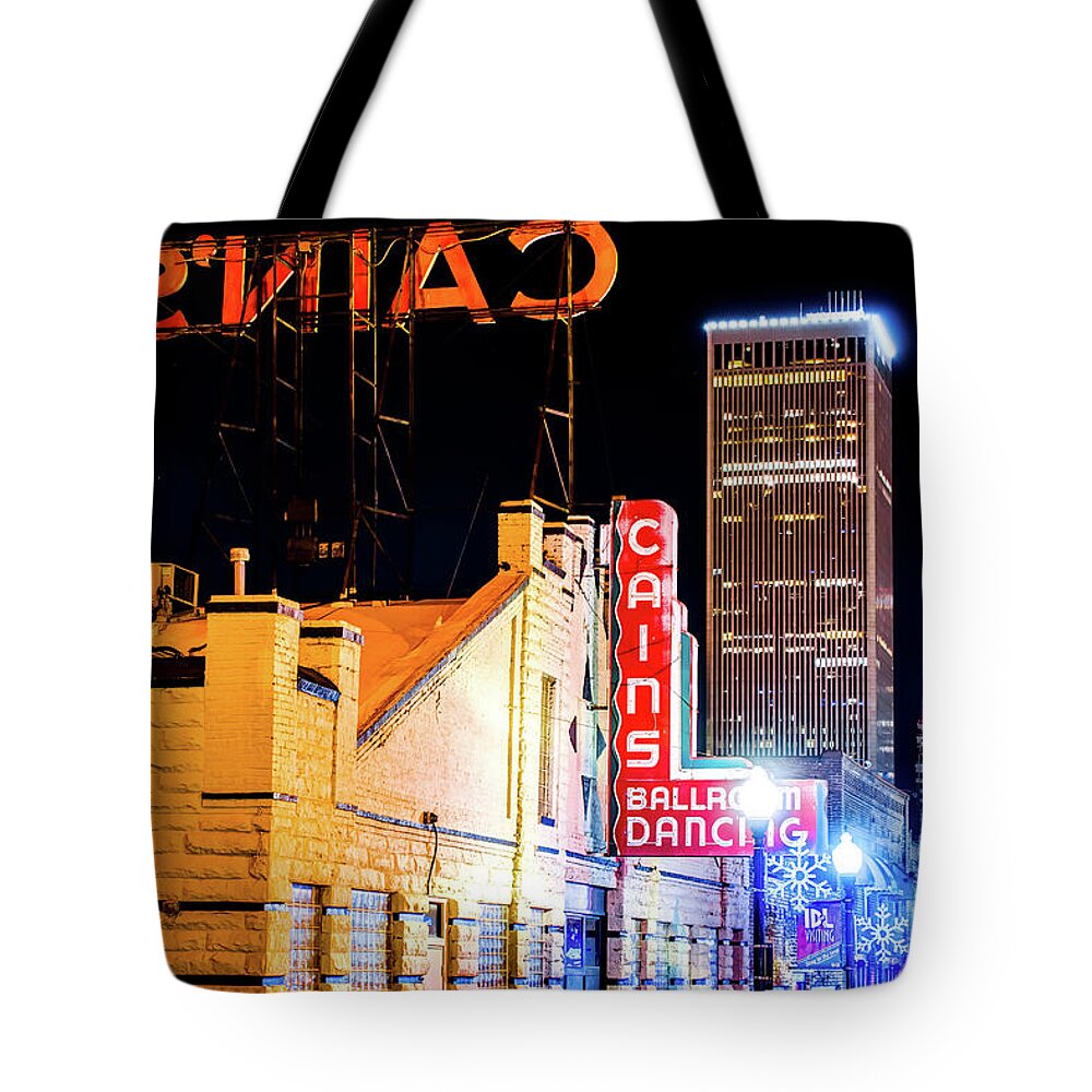 America Tote Bag featuring the photograph Cains Ballroom Music Hall and the Tulsa Skyline by Gregory Ballos