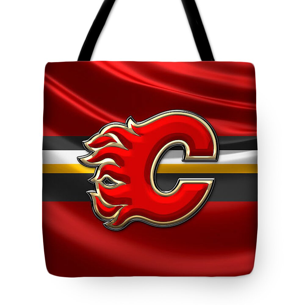 Hockey Hall Of Fame 3d By Serge Averbukh Tote Bag featuring the photograph Calgary Flames - 3D Badge over Flag by Serge Averbukh
