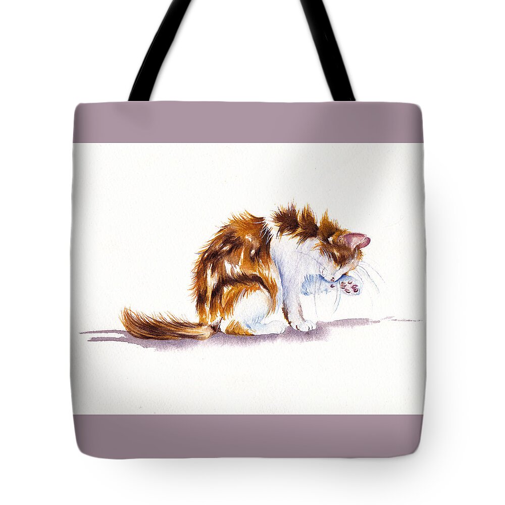 Calico Tote Bag featuring the painting Calico Cat Washing by Debra Hall