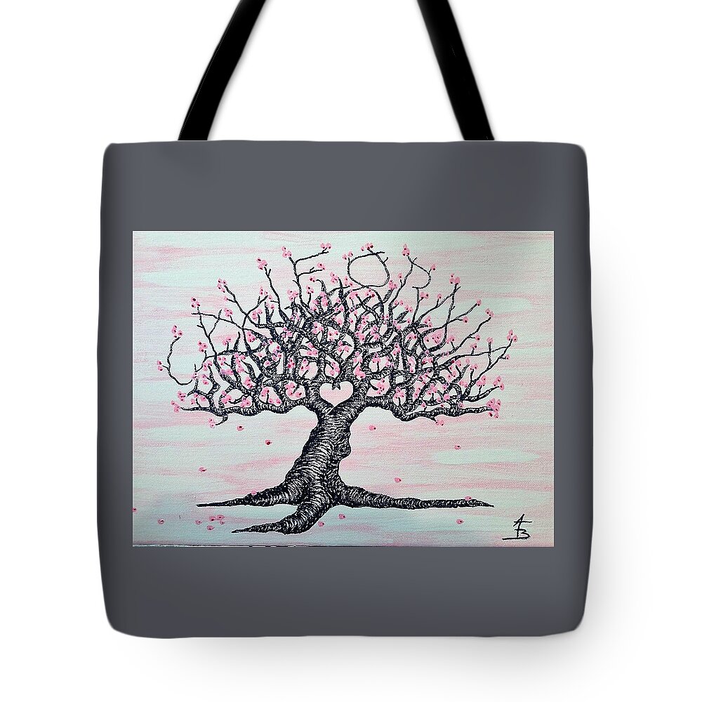 California Tote Bag featuring the drawing California Cherry Blossom Love Tree by Aaron Bombalicki