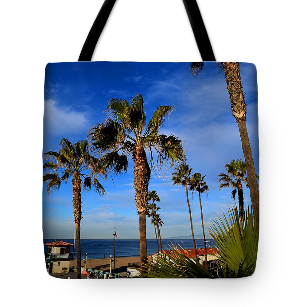 Blue Sky Tote Bag featuring the photograph California palm trees and blue sky by Diane Lent