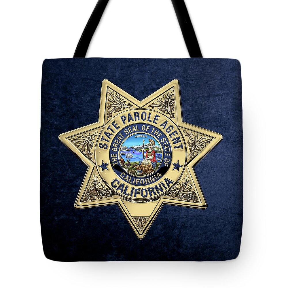 'law Enforcement Insignia & Heraldry' Collection By Serge Averbukh Tote Bag featuring the digital art California State Parole Agent Badge over Blue Velvet by Serge Averbukh