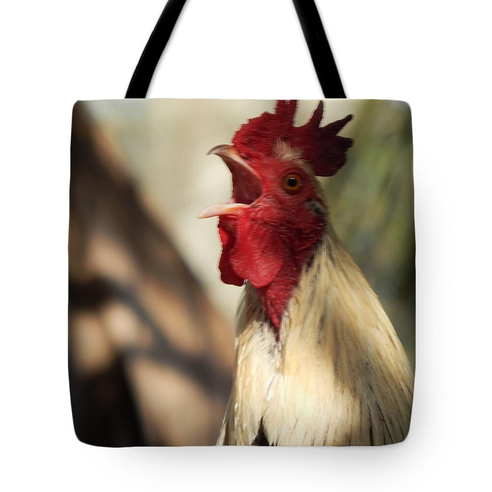 Rooster Chicken Wildlife Animals Birds Alert Warning Signal Habitat Tote Bag featuring the photograph Call To Attention by Jan Gelders
