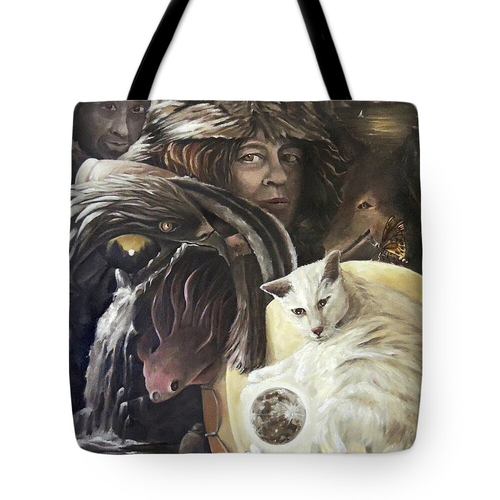 Surrealism Tote Bag featuring the painting Call To The Spirits by Nancy Griswold