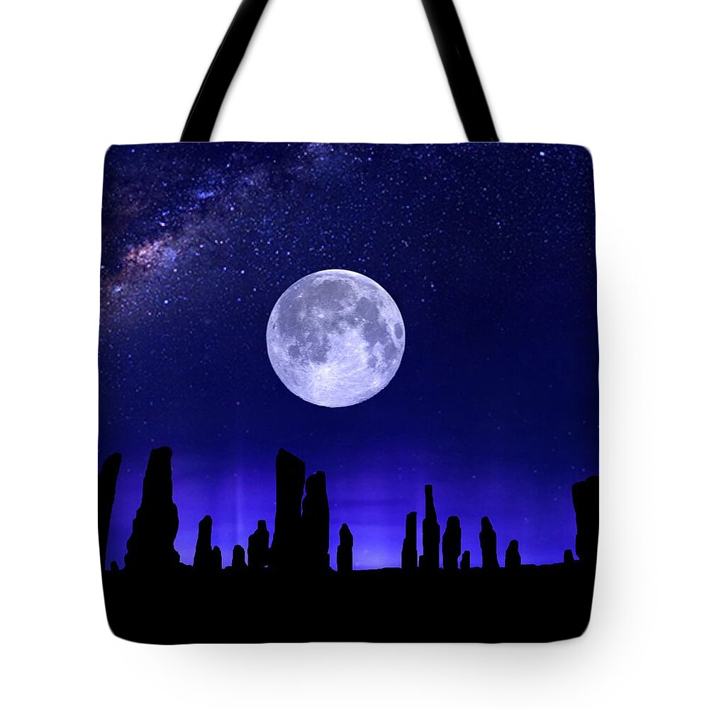 Callanish Tote Bag featuring the digital art Callanish Stones Under The Supermoon. by Mark Taylor