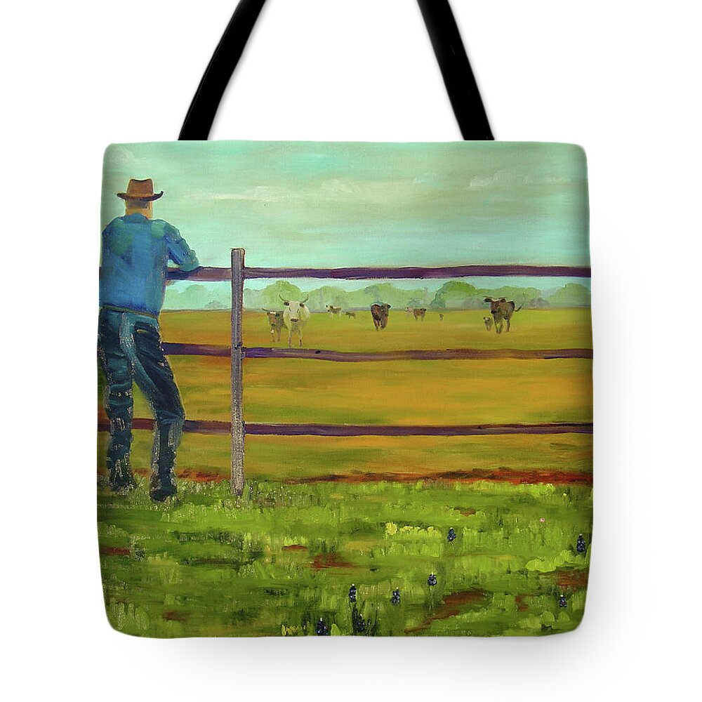 Western Tote Bag featuring the painting Calling 'em Home by Lilibeth Andre