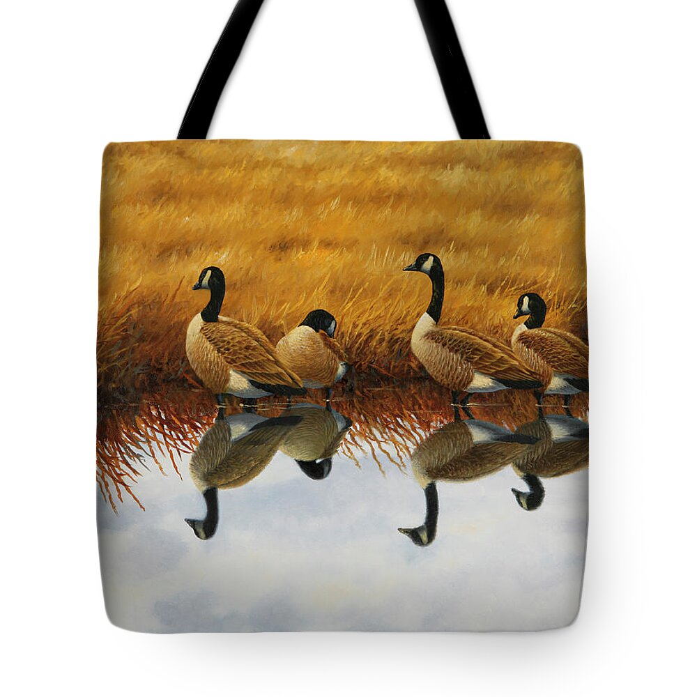 Canada Geese Tote Bag featuring the painting Calm Creek Canada Geese by Guy Crittenden
