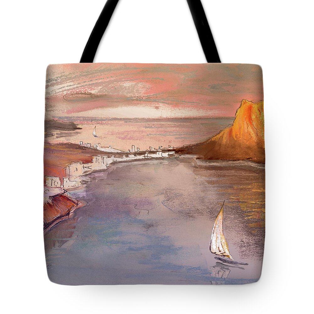 Spain Tote Bag featuring the painting Calpe at Sunset by Miki De Goodaboom