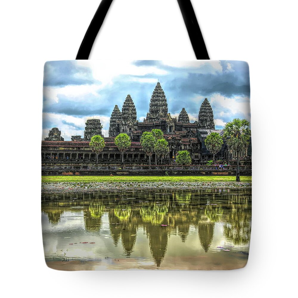 Angkor Wat Tote Bag featuring the digital art Cambodia Panorama Angkor Wat Reflections by Chuck Kuhn