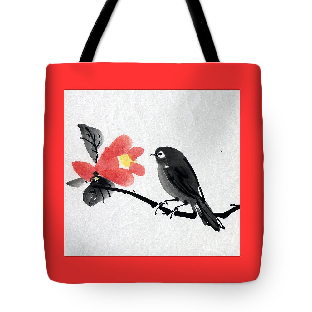 Japanese Tote Bag featuring the painting Camellia and a Little Bird by Fumiyo Yoshikawa