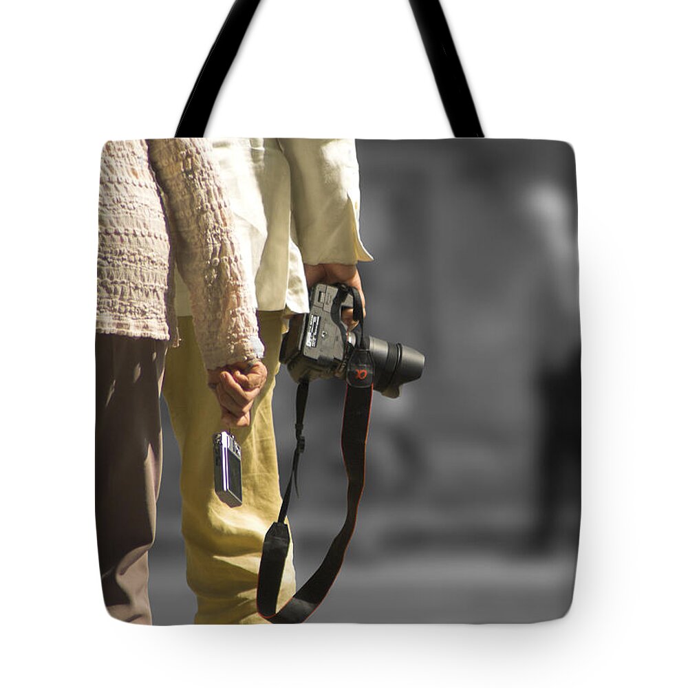 Cameras Tote Bag featuring the photograph Cameras Unholstered by Hazy Apple