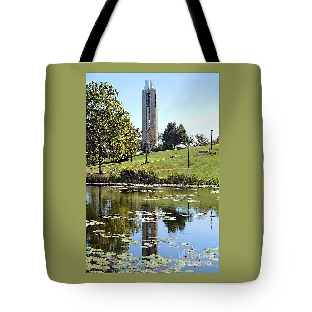 Kansas Tote Bag featuring the photograph Campanile Reflection in Kansas by Catherine Sherman