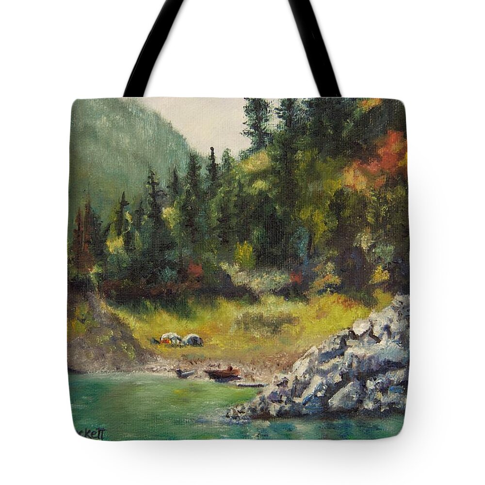 Palisades Lake Idaho Tote Bag featuring the painting Camping On The Lake Shore by Lori Brackett