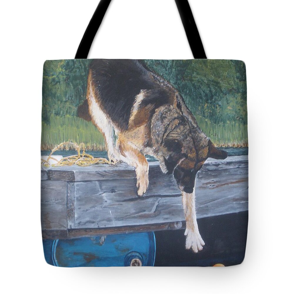 Dog Tote Bag featuring the painting Can she... by Betty-Anne McDonald