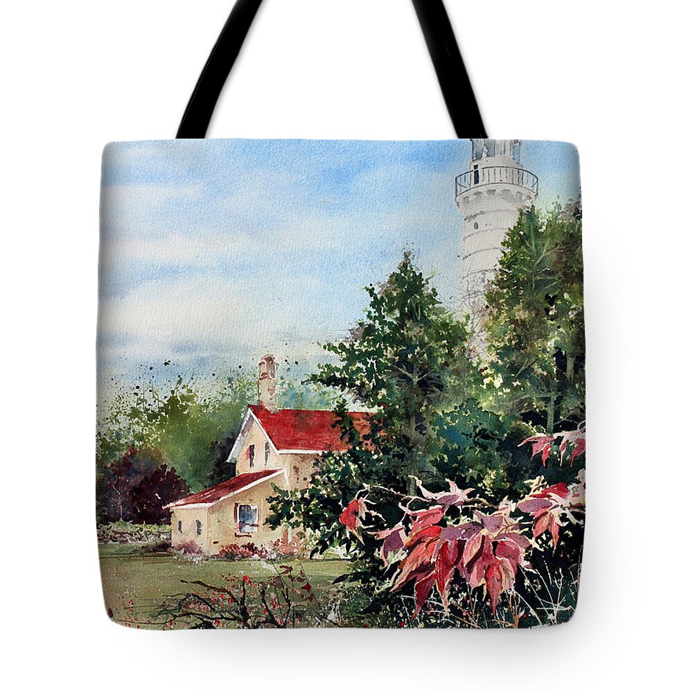 Cana Lighthouse In Door County Tote Bag featuring the painting Cana Light In Door County by Monte Toon