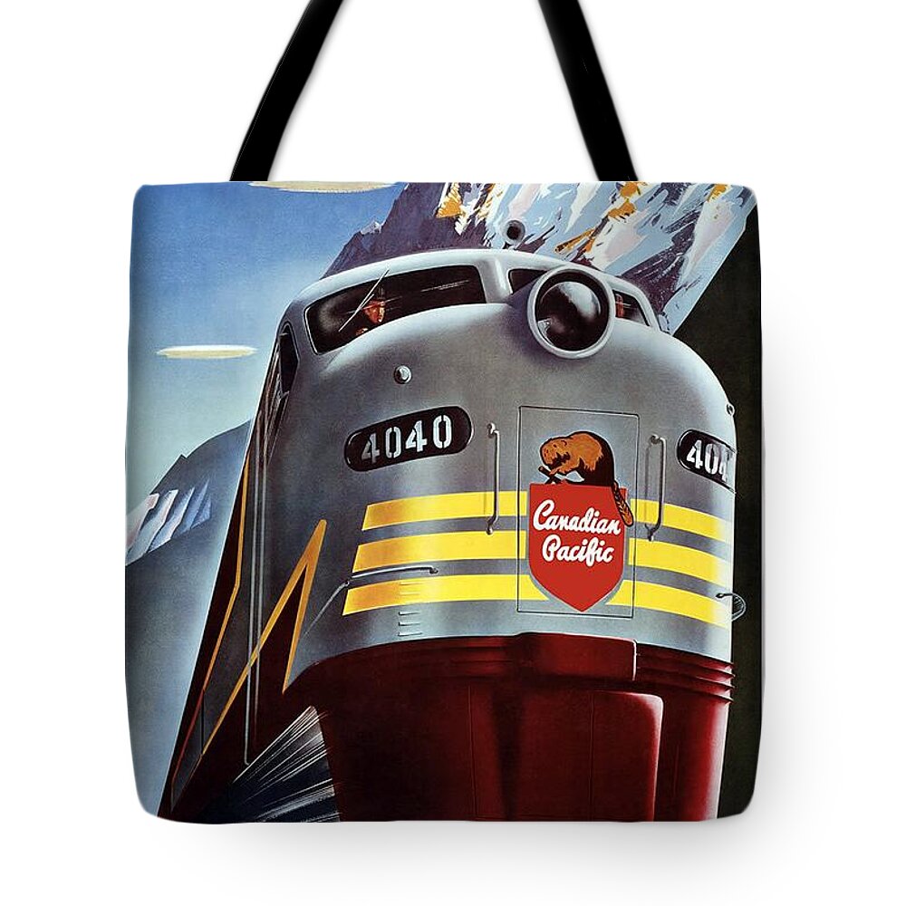 Canadian Pacific Tote Bag featuring the mixed media Canadian Pacific - Railroad Engine, Mountains - Retro travel Poster - Vintage Poster by Studio Grafiikka