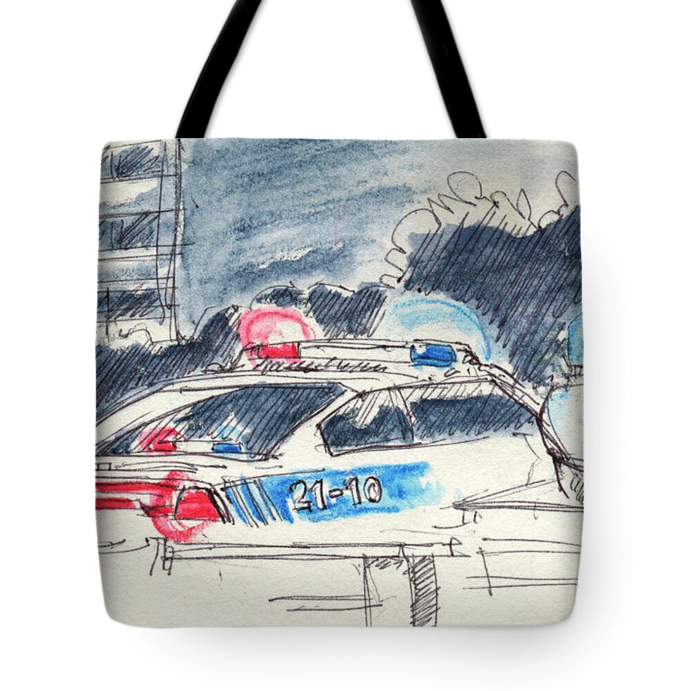 Police Car Tote Bag featuring the drawing Canadian Police Car Lights Drawing by Frank Ramspott