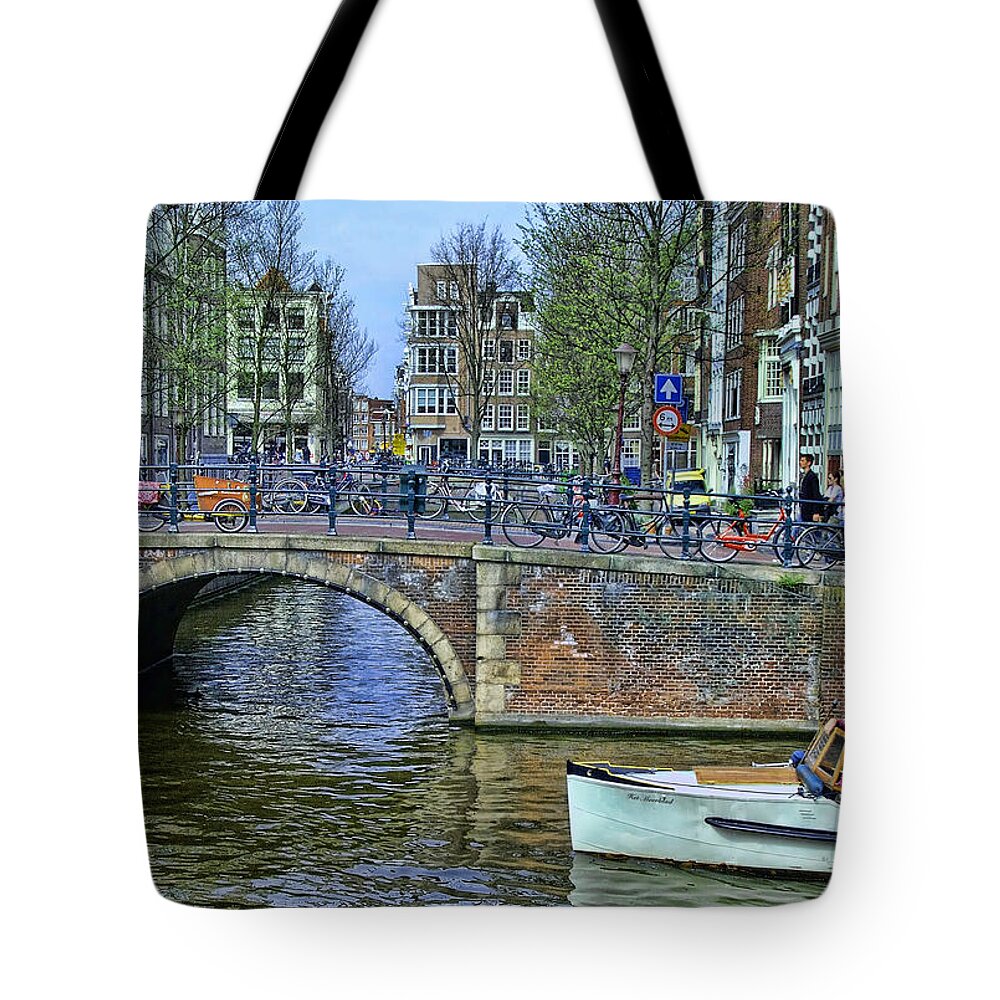 Amsterdam Canal Traffic Tote Bag featuring the photograph Amsterdam Canal Scene 3 by Allen Beatty