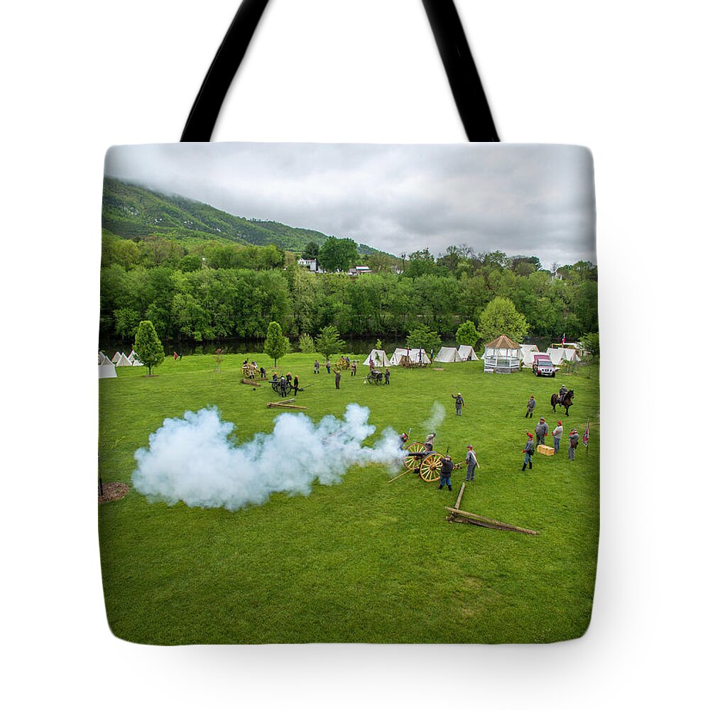 Cannon Tote Bag featuring the photograph Cannon Fire by Star City SkyCams
