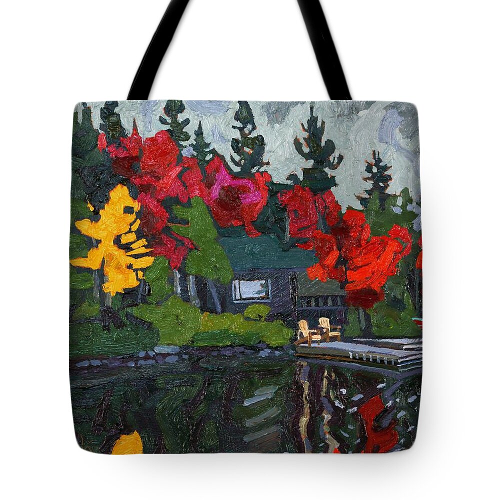 1878 Tote Bag featuring the painting Canoe Lake Chairs by Phil Chadwick