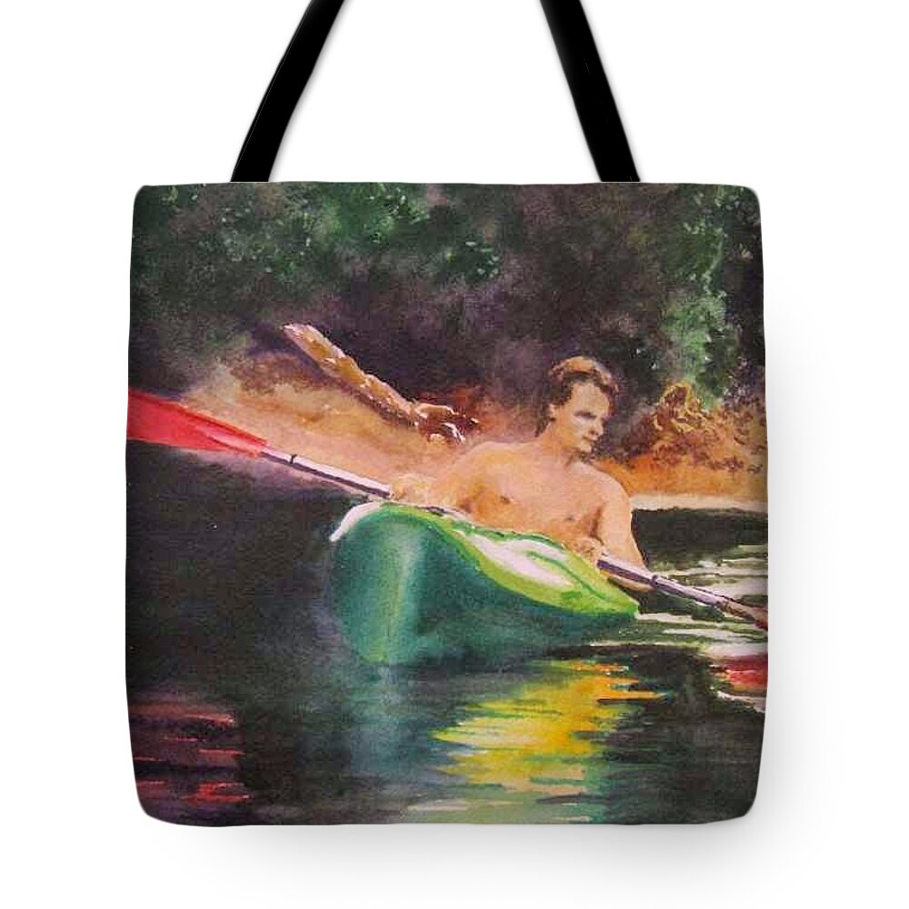Canoe Tote Bag featuring the painting Canoe on the Black by Bobby Walters