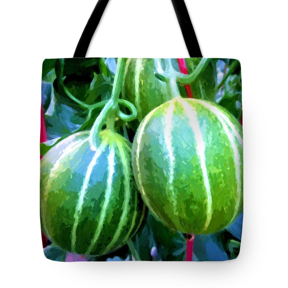 Tree Tote Bag featuring the painting Cantaloupe hanging on tree by Jeelan Clark