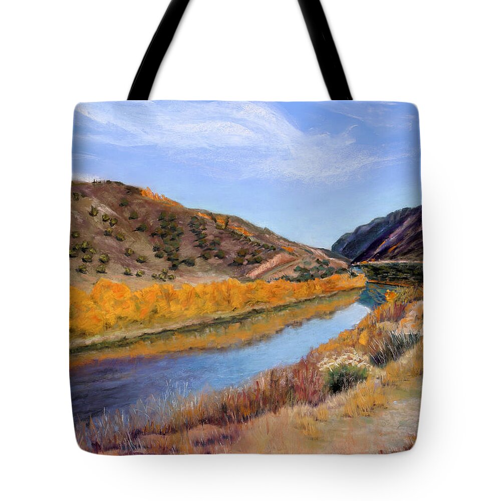 Taos Canyon Tote Bag featuring the pastel Canyon View by Julie Maas