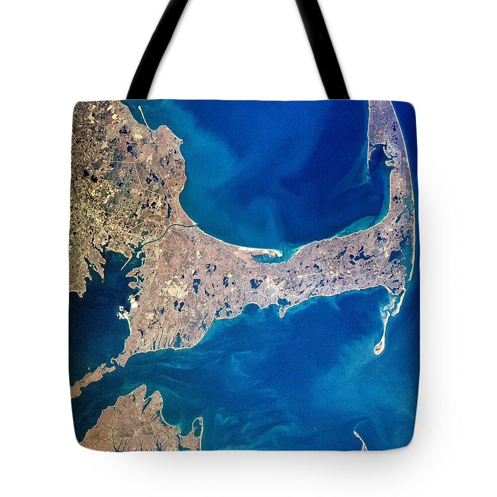 Aerial Tote Bag featuring the photograph Cape Cod and Islands Spring 1997 view from satellite by Matt Suess