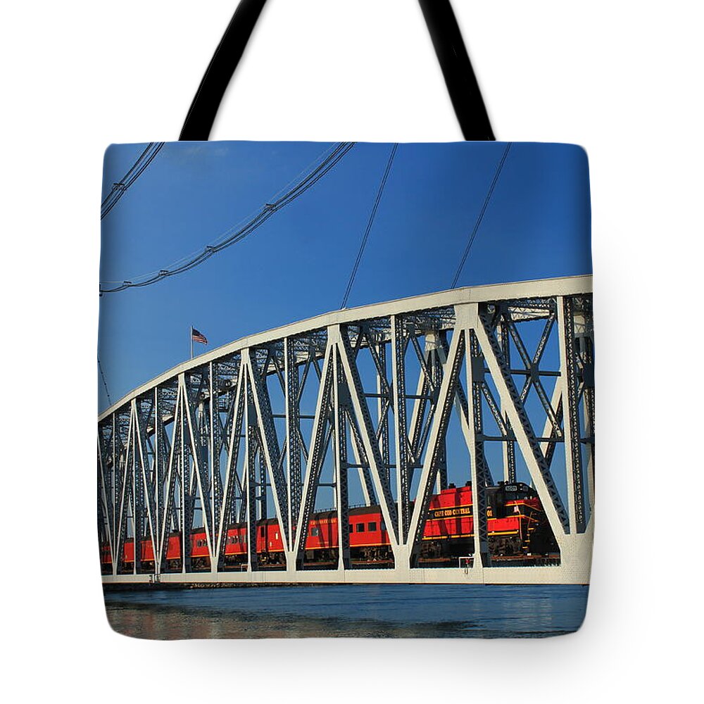 Railroad Tote Bag featuring the photograph Cape Cod Canal Railroad Bridge Train by John Burk