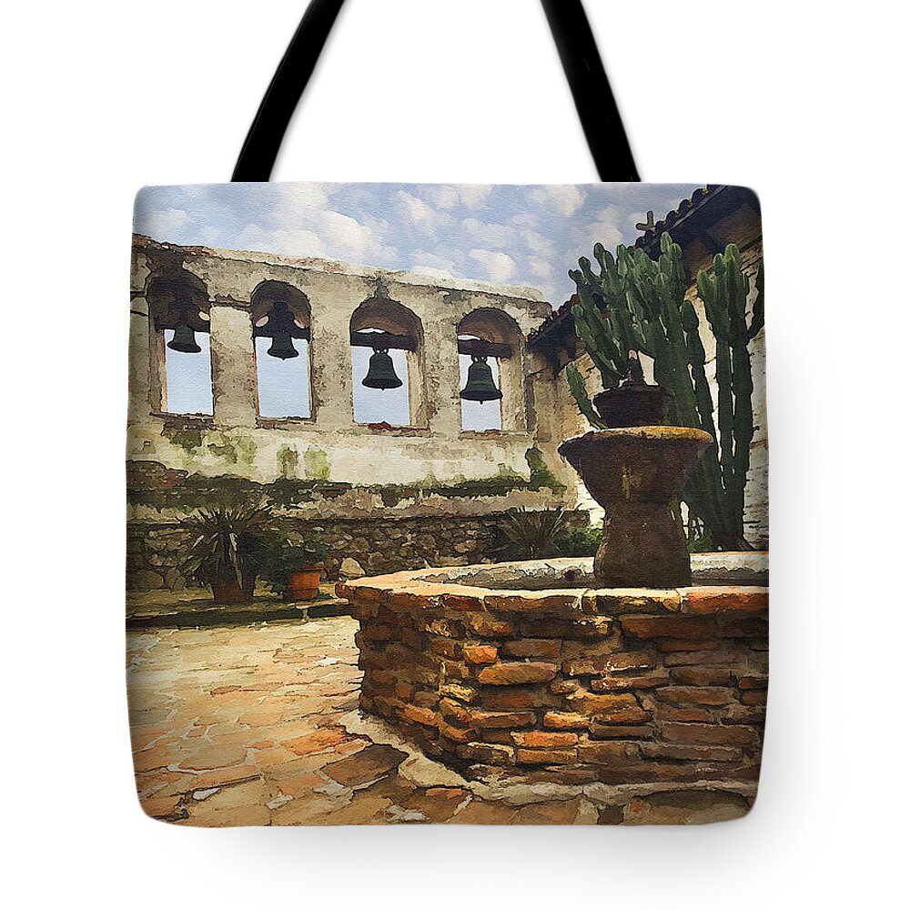 Mission Tote Bag featuring the photograph Capistrano Fountain by Sharon Foster