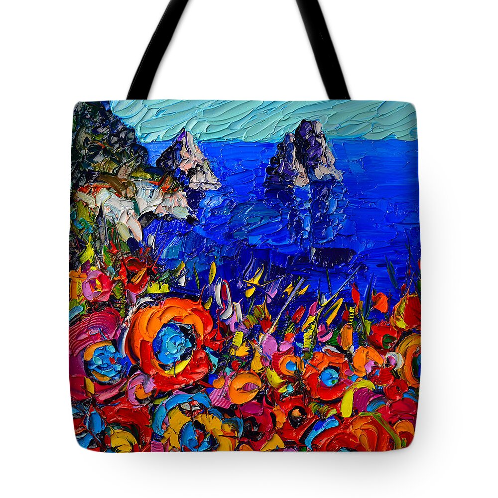 Capri Tote Bag featuring the painting Capri Faraglioni Italy Colors Modern Impressionist Palette Knife Oil Painting By Ana Maria Edulescu by Ana Maria Edulescu