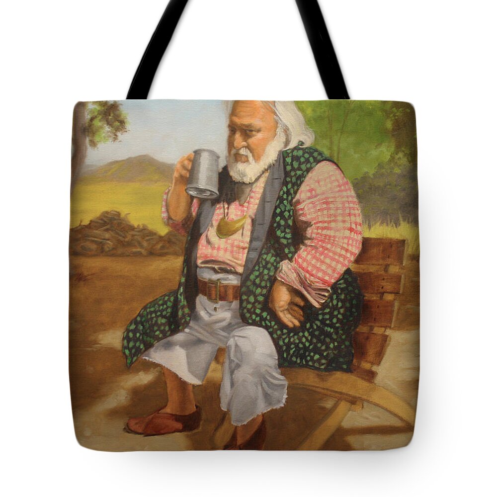 Terry Roller Pirate Captain Tankard Seated Beard Waistcoat Gorget Reenactor Full Figure Tote Bag featuring the painting Captain Terry by Todd Cooper