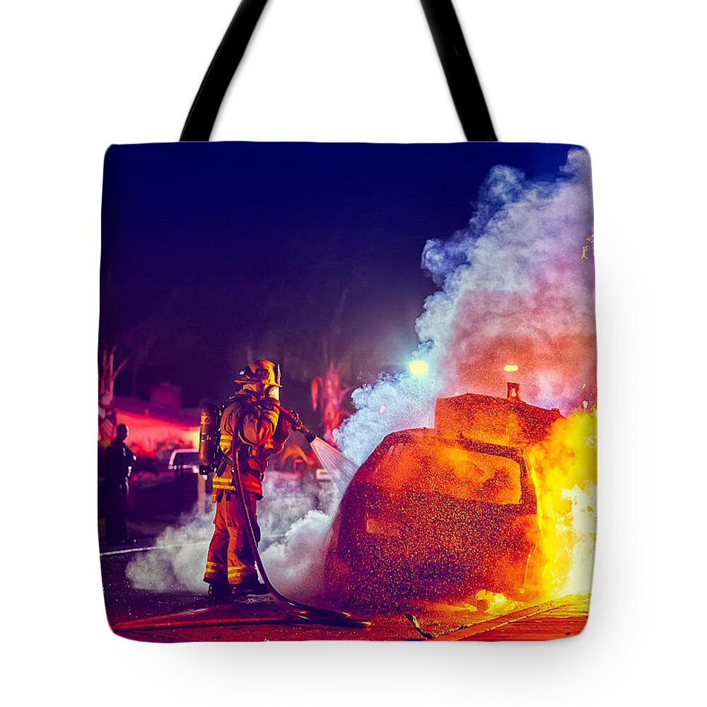 Car On Fire Tote Bag featuring the photograph Car Arson by TC Morgan