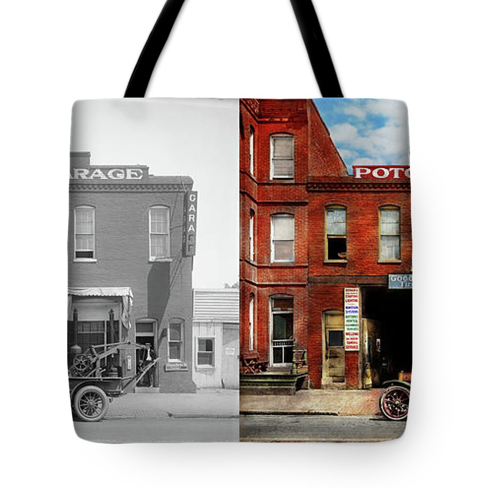 Potomac Garage Tote Bag featuring the photograph Car - Garage - Misfit Garage 1922 - Side by Side by Mike Savad