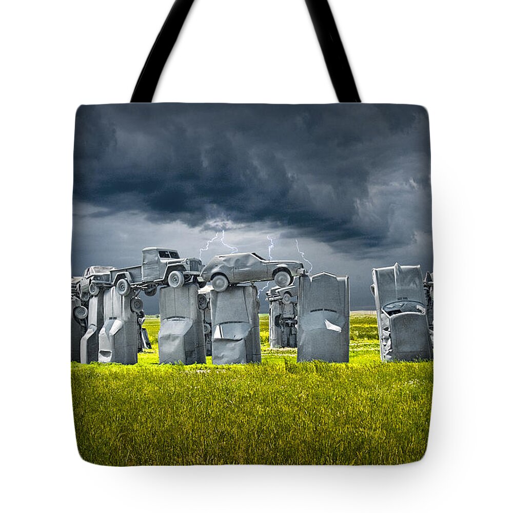 Landscape Tote Bag featuring the photograph Car Henge in Alliance Nebraska after England's Stonehenge by Randall Nyhof