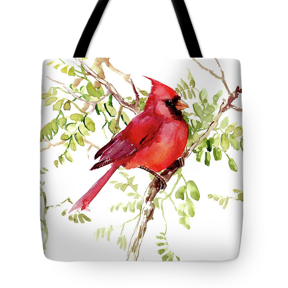 Bird Art Tote Bag featuring the painting Cardinal Bird by Suren Nersisyan