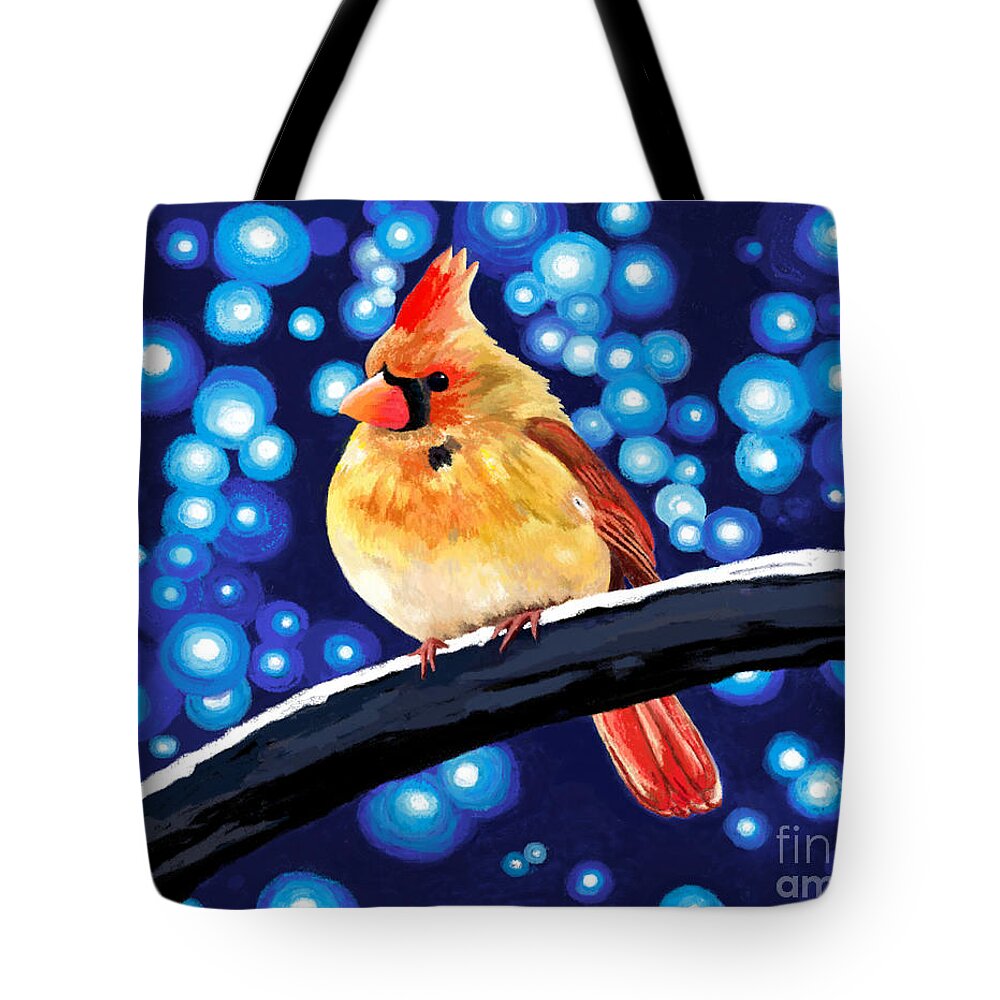 Cardinal Tote Bag featuring the painting Cardinal Mama Snowfall by Jackie Case