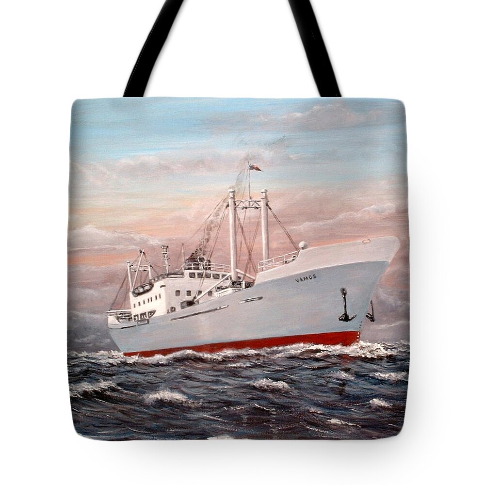 Cargp Ship Tote Bag featuring the painting Cargo Ship Vamos At Sea by Mackenzie Moulton