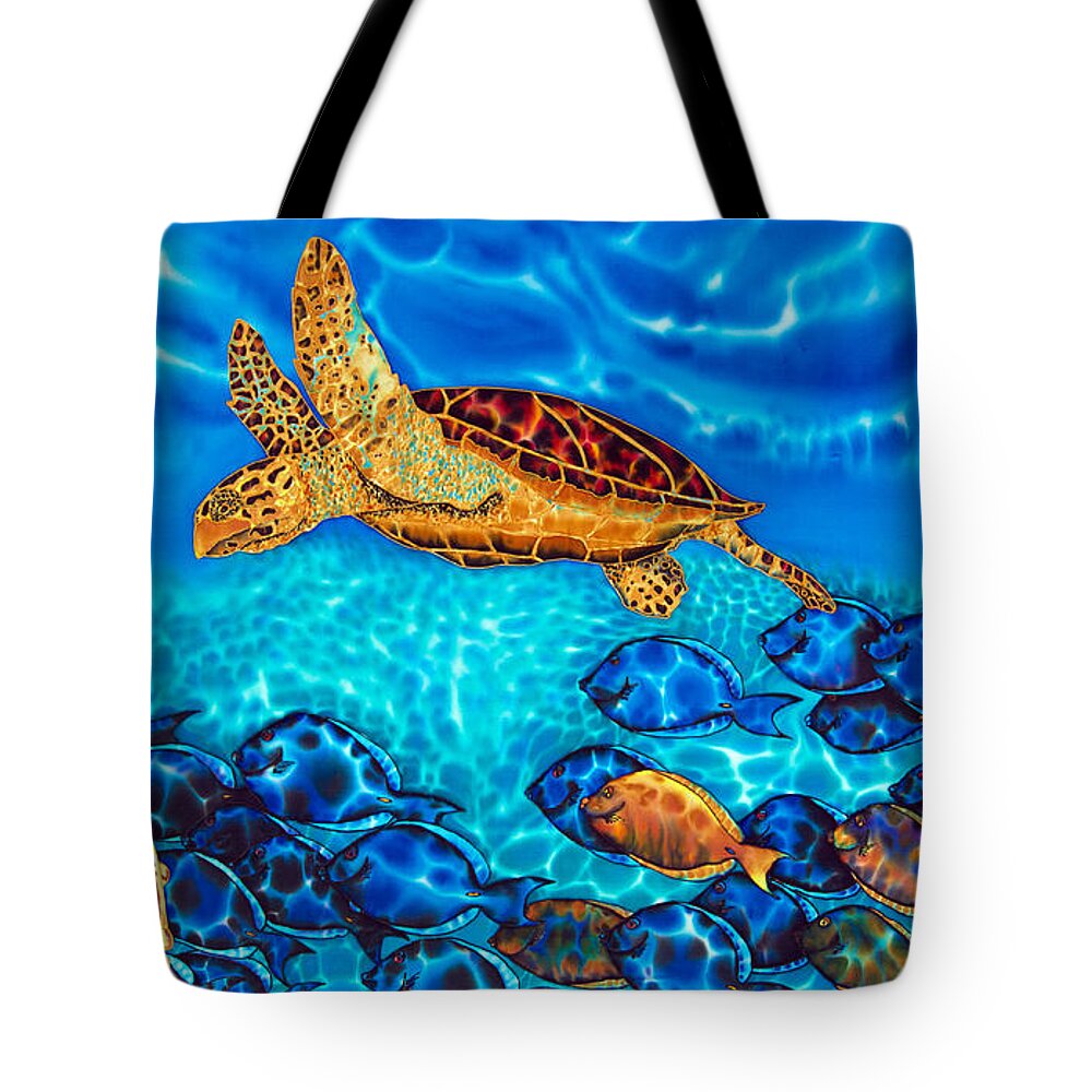 Turtle Tote Bag featuring the painting Caribbean Sea Turtle and Reef Fish by Daniel Jean-Baptiste