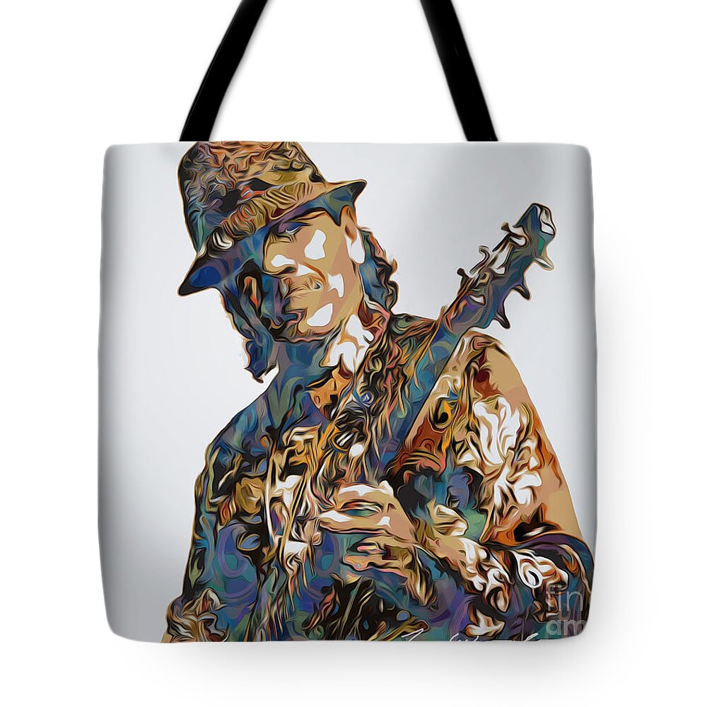 Carlos Santana Tote Bag featuring the digital art Carlos Santana by Tim Wemple