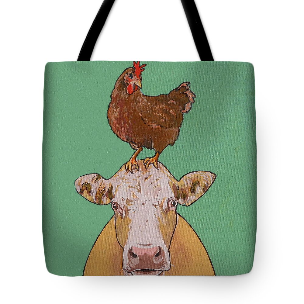Cow And Chicken Tote Bag featuring the painting Carlyle the Cow by Sharon Cromwell