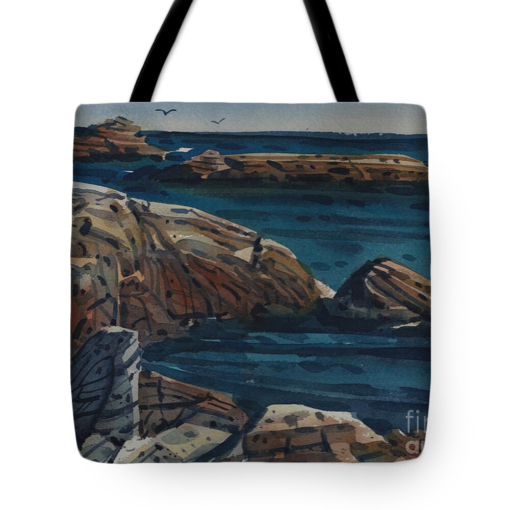 Carmel Beach Rocks Tote Bag featuring the painting Carmel Beach Rocks by Donald Maier