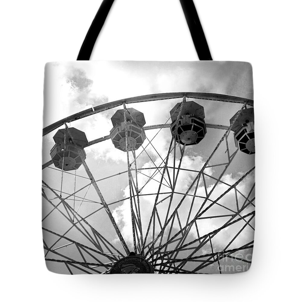 Carnival Tote Bag featuring the photograph Carnival Ferris Wheel Black and White Print - Carnival Rides Ferris Wheel Black and White Art Prints by Kathy Fornal