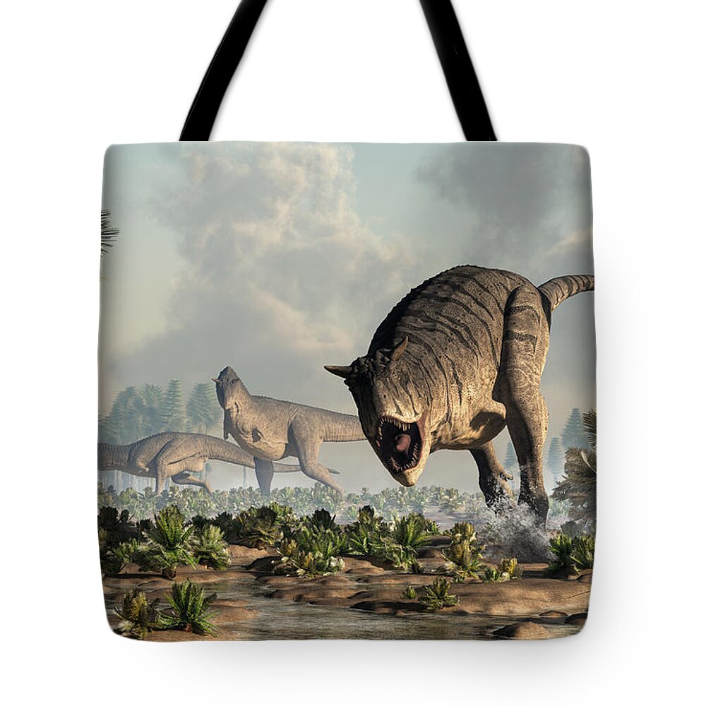Carnotaurus Tote Bag featuring the digital art Carnotaurs on the Hunt by Daniel Eskridge